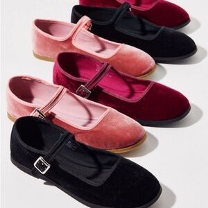 Velvet Mary Jane Flats - Black, Pink, Red